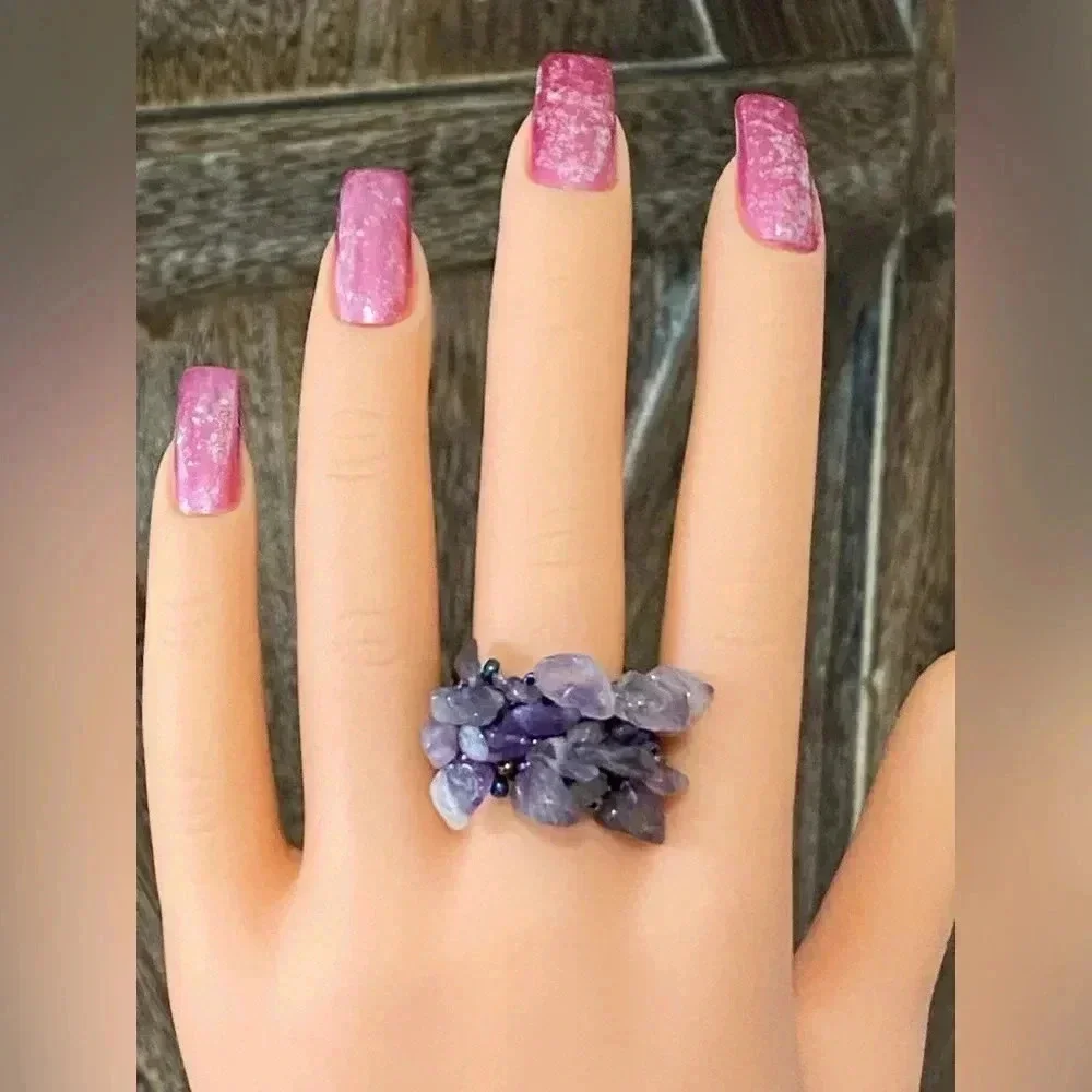 Amethyst Purple Handmade Seed Bead and Stone Chips Stretch Ring